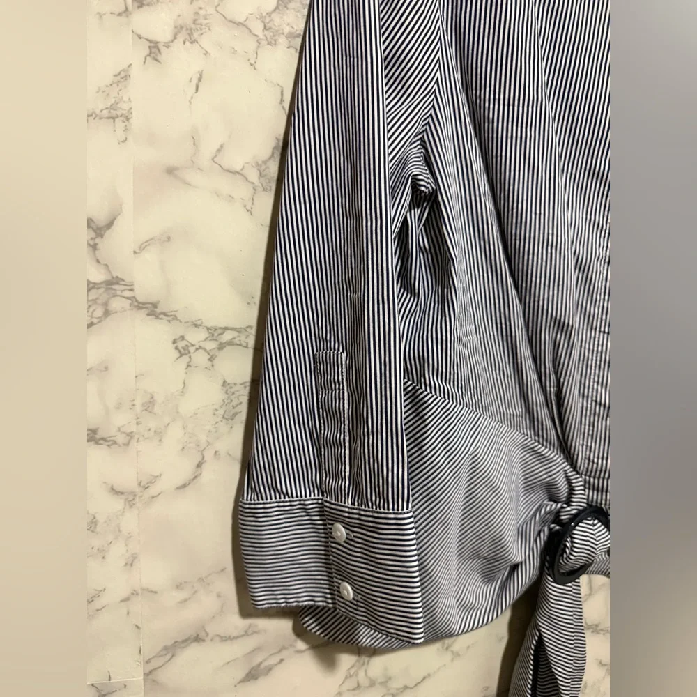 Lafayette 148 New York Navy and White Narrow-Stripe Button Shirt - Picture 2 of 8